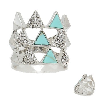 Crystal Pave Geo Triad Natural Turquoise Stone Rhodium Ring